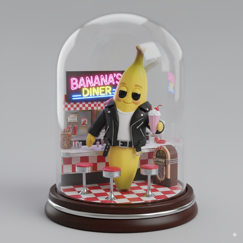1950s-style nano-banana, 1:12 scale, diner counter base, milkshake accessory, poodle skirt/leather jacket details, neon sign effect, chrome accents